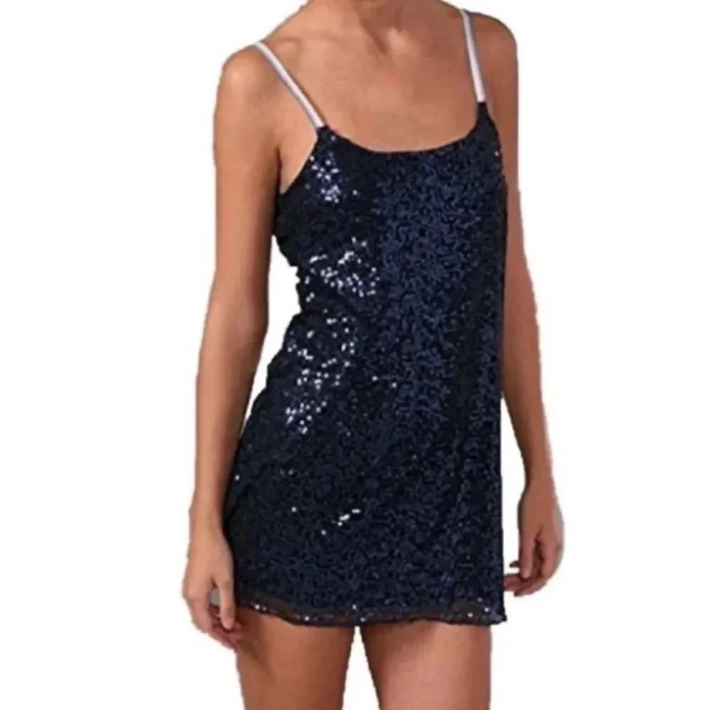 FREE PEOPLE | Intimately Blue Sparkly Sequin Embroidered Slip Mini Dress Size L